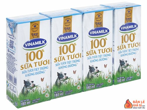 Lốc 4 hộp sữa tươi tiệt trùng không đường Vinamilk 100% Sữa Tươi 180ml