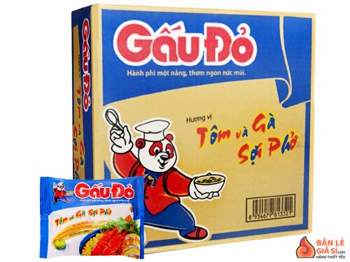 Thùng 30 gói mì Gấu Đỏ tôm và gà sợi phở 63g