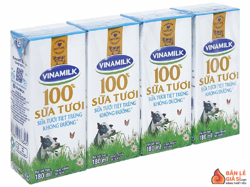 Lốc 4 hộp sữa tươi tiệt trùng không đường Vinamilk 100% Sữa Tươi 180ml