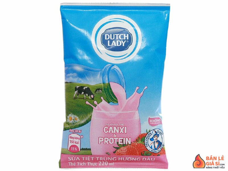 Sữa tiệt trùng hương dâu Dutch Lady Canxi & Protein bịch 220ml