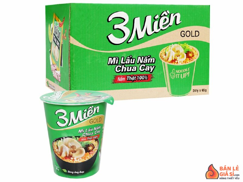 Thùng 24 ly mì 3 Miền Gold lẩu nấm chua cay 65g (có gói nấm thật)